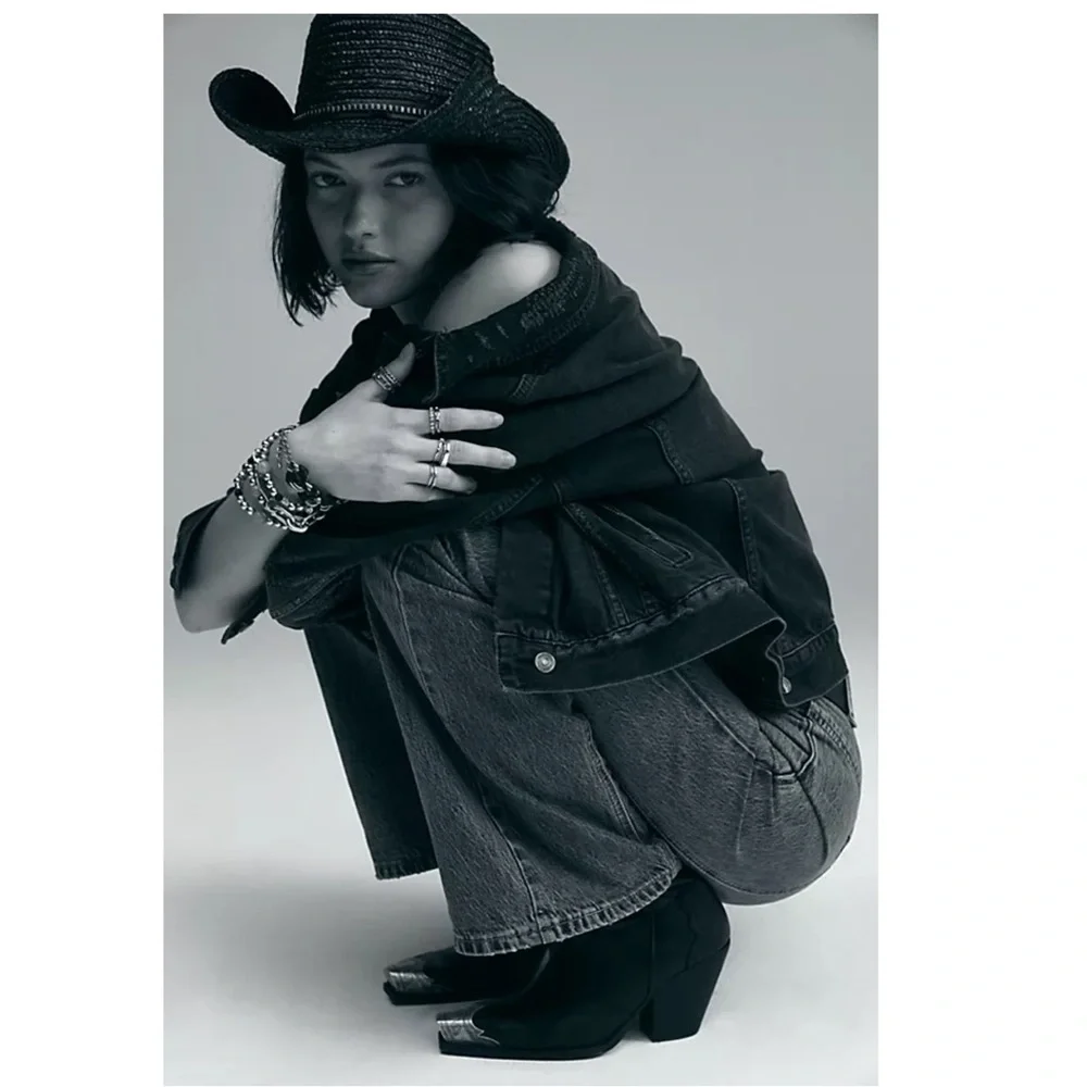 Free People Fame Straw Western Cowboy Hat In Black